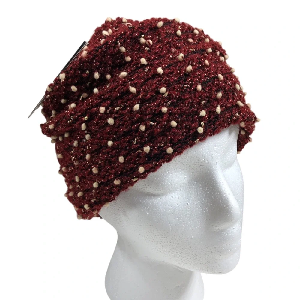 David & Young Knit Long Burgundy Black Ivory Tiny Pompons Stretchy Beanie Hat OS